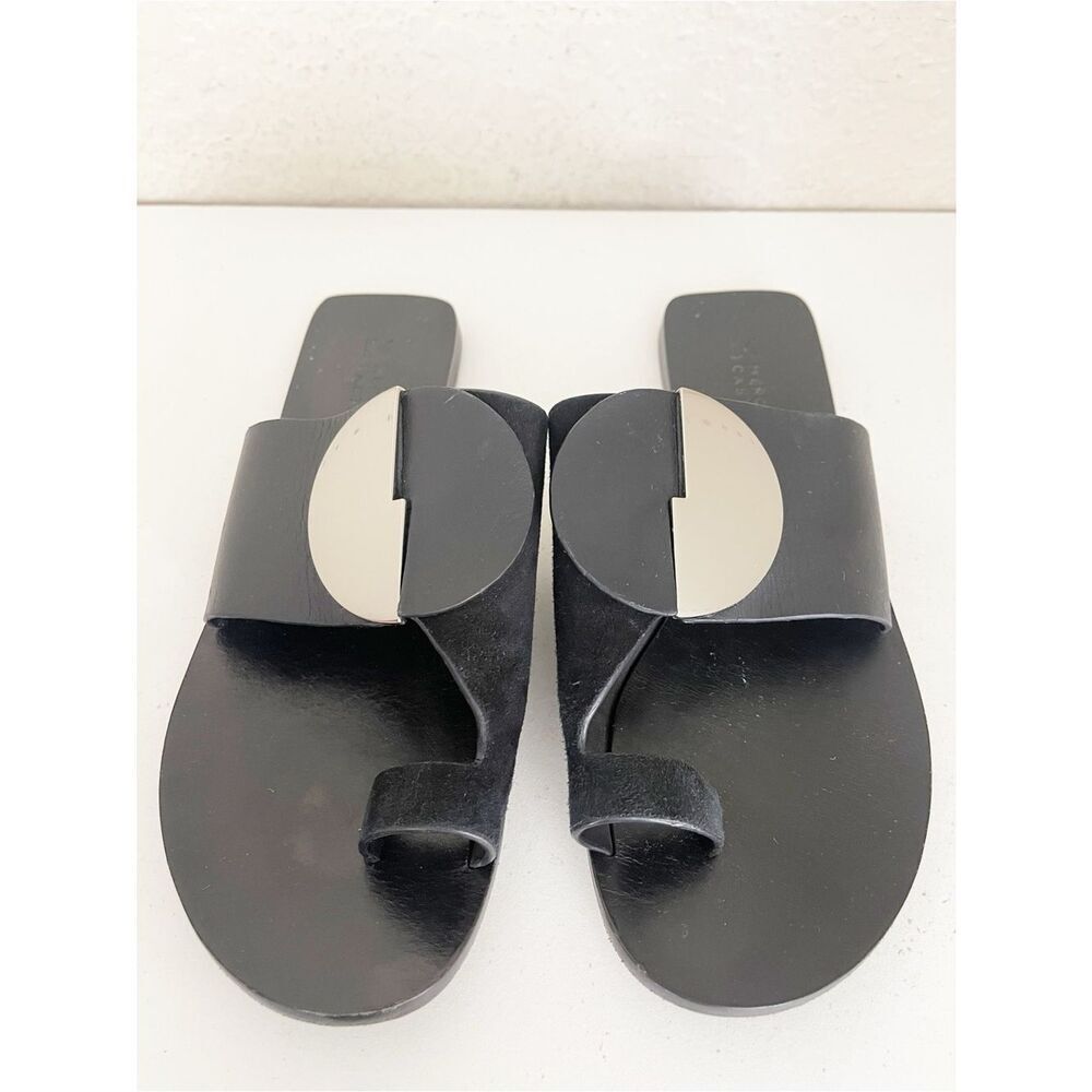 Mercedes Castillo Costanzah black leather sandals with a silver metal Toe loop